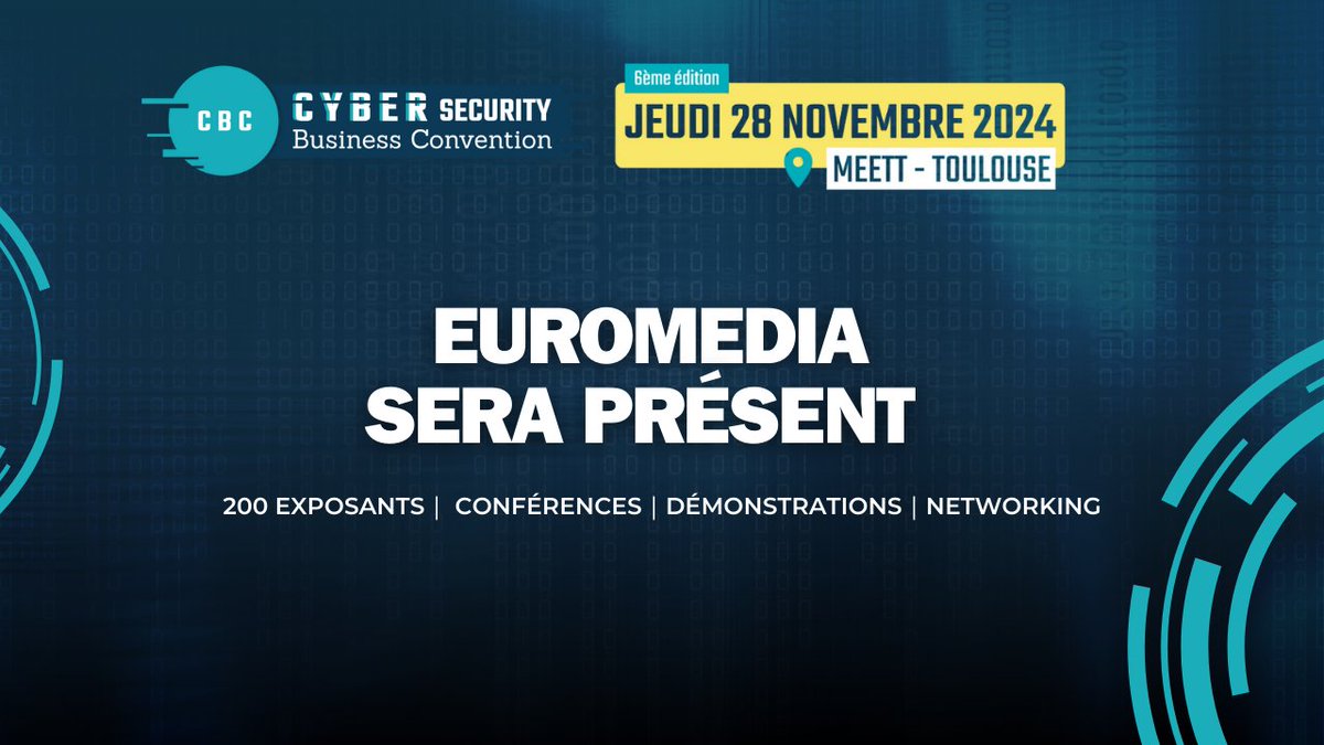 🔔Euromedia sera au salon CBC, le 28 novembre à Toulouse, aux côtés de ses partenaires <a href="/UcopiaFR/">Ucopia France</a>, <a href="/WithSecure_FR/">WithSecure France</a>  et <a href="/HuaweiFr/">Huawei France</a>.

Venez à la rencontre de nos experts pour échanger sur vos problématiques de sécurité numérique.

Inscrivez-vous ici : bit.ly/3A3Xm7C