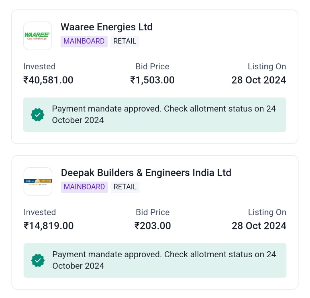 Dhirendra_IIT's tweet photo. I have applied both the main board IPOs:
1. Waaree Energies Ltd
2.Deepak Builders & Engineers India Ltd
#Updates #IPOs #GMPs #ipoallotment #CONFIRM #retail #ipopremium #WAAREE_IPO #WaareeEnergies #waareeenergiesipo #IPOGMP #waaree #DeepakBuilders #Solar https://t.co/5oA8s93aMB