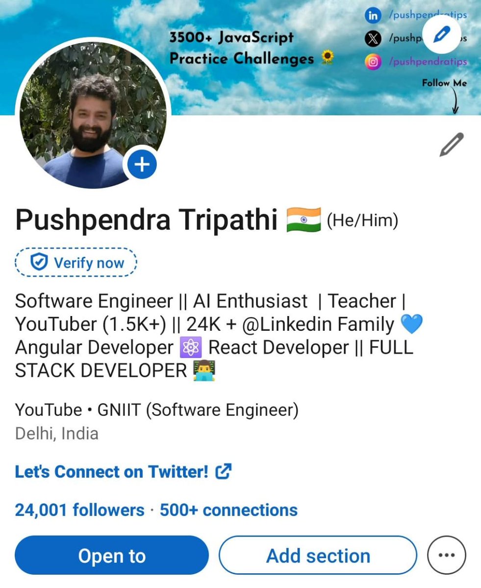 pushpendratips's tweet photo. Today I hit 24,000 followers on LinkedIn. Thank you for all your support. "With God All things are possible." #LinkedIn #Leadership #coder #wedeveloper #AI #javascript https://t.co/T69rjBtN1h