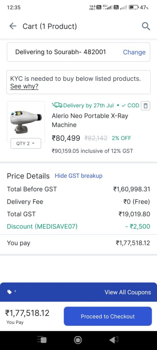HELLO Respected company HAVEN'T RECEIVED the bill and AERB CERTIFICATE for Alerio xray purchased from your company 
PLEASE CONTACT 
DR MONIKA KHATRI 
9039369215
8770751783