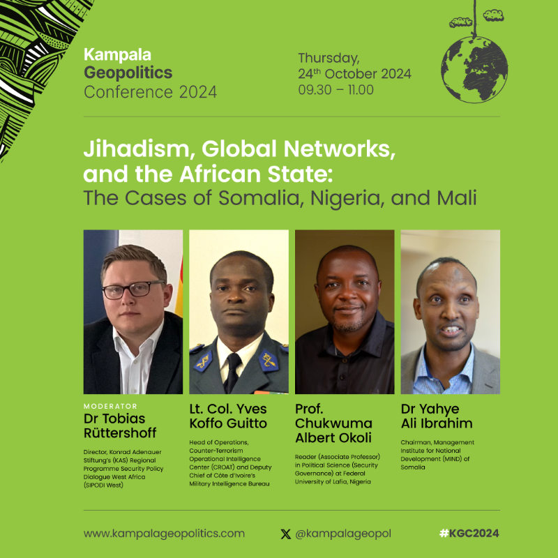 KAS_SIPODI_EA's tweet photo. Jihadist threats persist across Africa as states struggle to counter them militarily, economically, &amp; ideologically. From al-Shabaab in Somalia to Boko Haram in Nigeria, what’s the future of counterterrorism?

Join us this Thursday at the #KGC2024, for a panel discussion⤵️;
