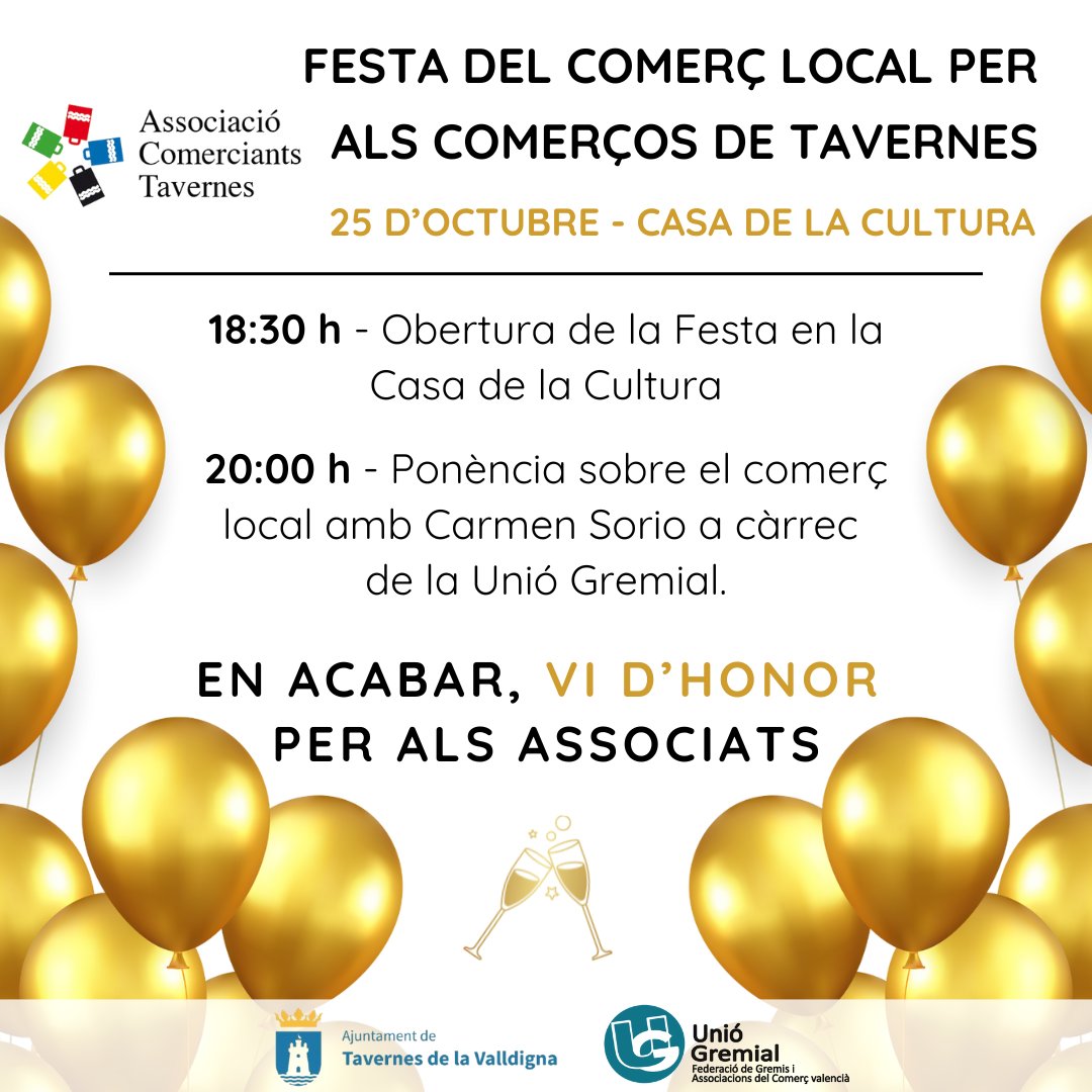 🏘️ El 25 d'octubre és el Dia del Comerç Local i l'Associació Comerciants Tavernes ho celebra en una festa per als seus associats. 
🫶 I per aquells comerços que encara no formen part de l'associació, ara és el moment de conéixer quins són els beneficis d'estar associats.