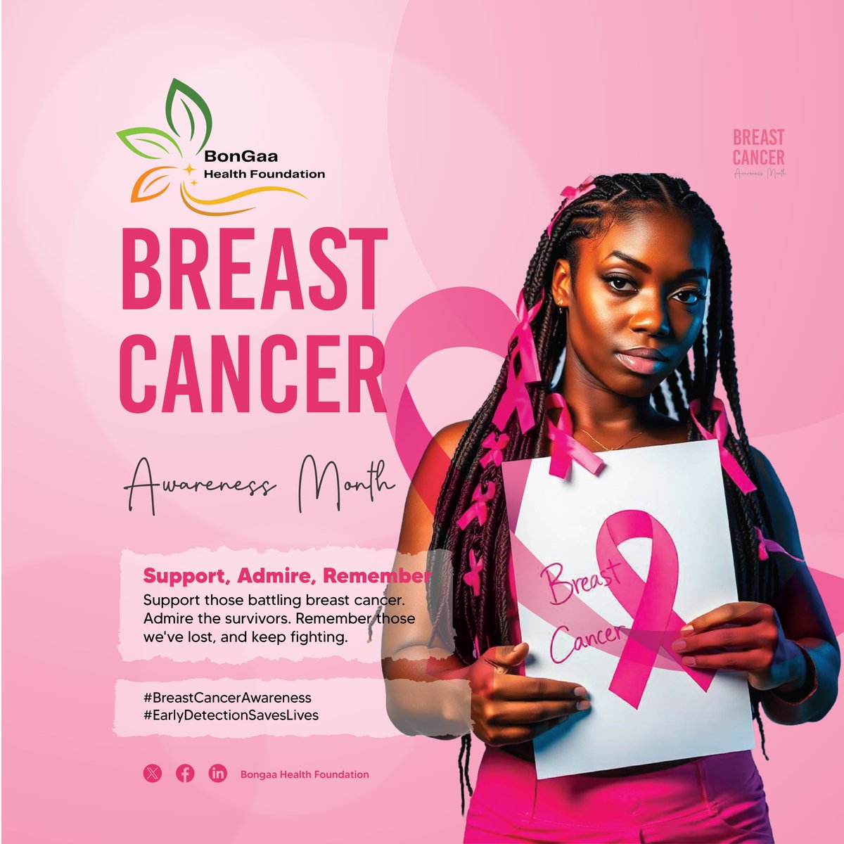 "Support, Admire, Remember"
 Support those fighting breast cancer, admire the strength of survivors. Together, we can make a difference. #SupportAdmireRemember #BreastCancerAwareness
