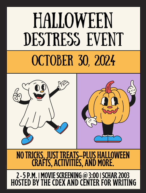 digital_tcu's tweet photo. 🎃 Come de-stress with the CDEx in a Halloween themed event!  On October 30th from 2-5pm in Schar 2003, enjoy Halloween crafts, activities, movie screening, and more!  Don't miss this spookily fun time to unwind! https://t.co/T3tGJgxiQl