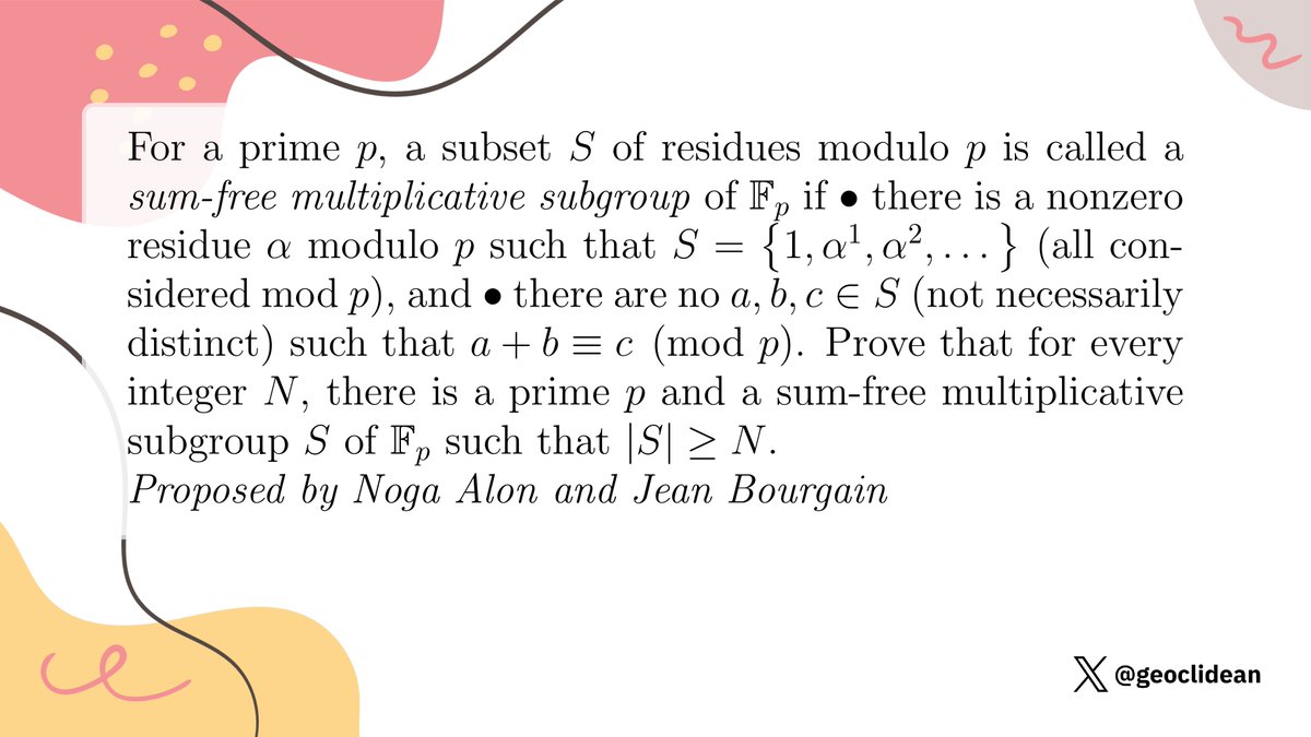 geoclidean's tweet photo. Sum-free multiplicative group mod p can be arbitrarily large
#GroupTheory #AbstractAlgebra #ModularArithmetic #Algebra #Polynomial #NumberTheory https://t.co/LUZgw0aBAA