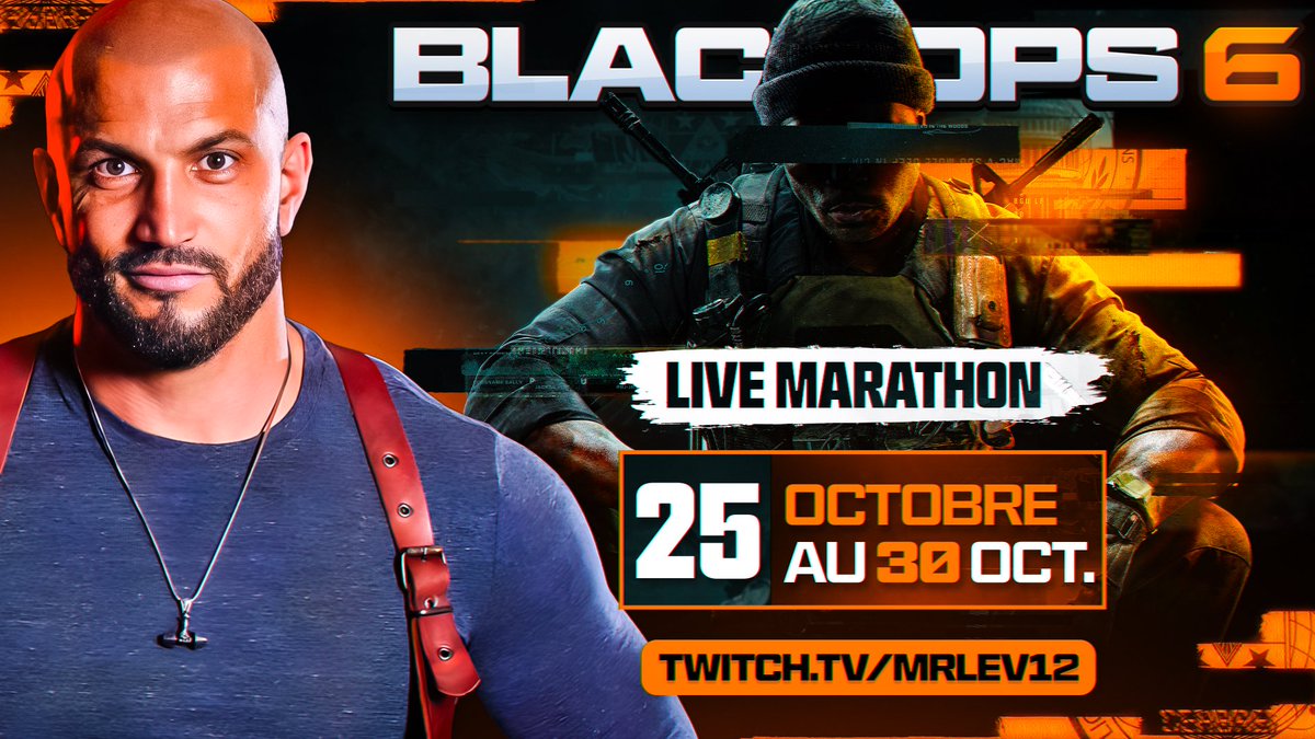 A l’occasion de la sortie de BO6 je vais faire un Live Marathon du 25 au 30 octobre NON STOP et j’ai invité mes plus gros subgifters à venir stream avec moi. 
En invité j’aurais aussi <a href="/Tonioo25/">Tonioo25</a> et <a href="/Clemsbrowning/">Clemsbrowning</a> !
Ça va être la folie ! 
Début le 25 octobre à 10h ! 
Max de RT