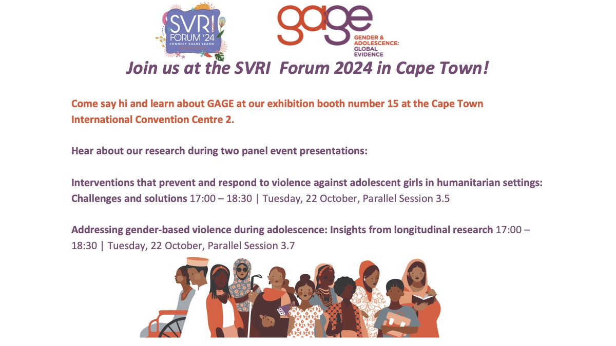 Join us today at the #SVRIForum2024 in Cape Town at our panels from 17:00-18:30. 
1️⃣ Session 3.5: Violence prevention interventions in humanitarian settings 
2️⃣ Session 3.7: Lessons from longitudinal research on #GBV prevention