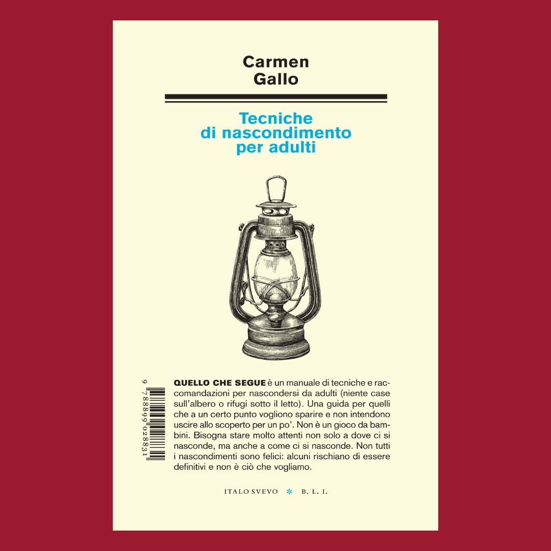 Italosvevo Edizioni (@italosvevolibri) on Twitter photo Carmen Gallo, “Tecniche di nascondimento per adulti”, Biblioteca di Letteratura Inutile, Italo Svevo Edizioni.
Dal 25 ottobre in libreria. <a href="/carmengallo_/">carmen gallo</a> Carmen Gallo, “Tecniche di nascondimento per adulti”, Biblioteca di Letteratura Inutile, Italo Svevo Edizioni.
Dal 25 ottobre in libreria. <a href="/carmengallo_/">carmen gallo</a>