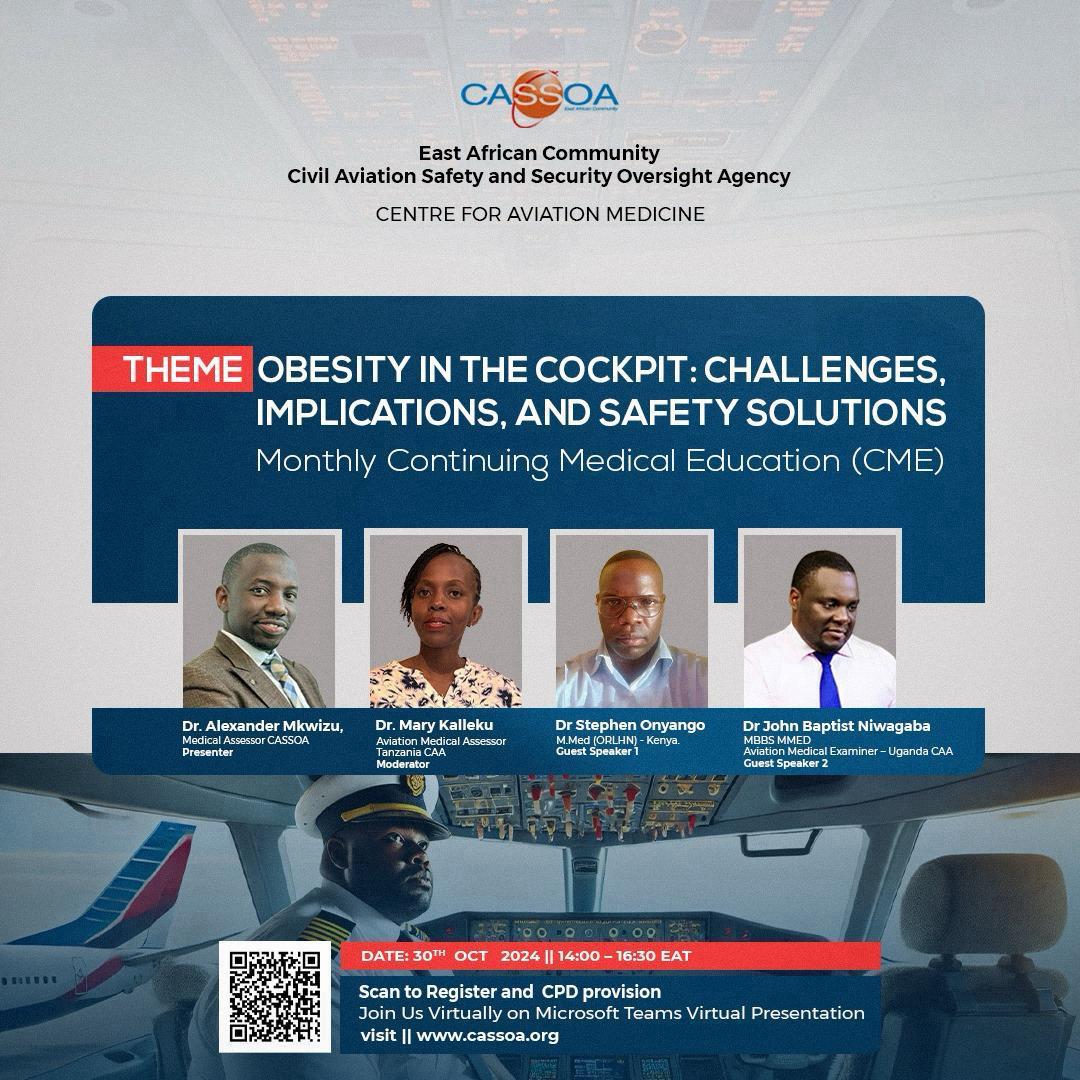 EAC CASSOA (@eaccassoa) on Twitter photo <a href="/EACCASSOA/">EAC CASSOA</a> will hold its monthly online Continuing Medical Education through its Centre for Aviation Medicine in Nairobi with theme of:" obesity in the cockpit: challenges, implications, and safety solutions" <a href="/EACCASSOA/">EAC CASSOA</a> will hold its monthly online Continuing Medical Education through its Centre for Aviation Medicine in Nairobi with theme of:" obesity in the cockpit: challenges, implications, and safety solutions"