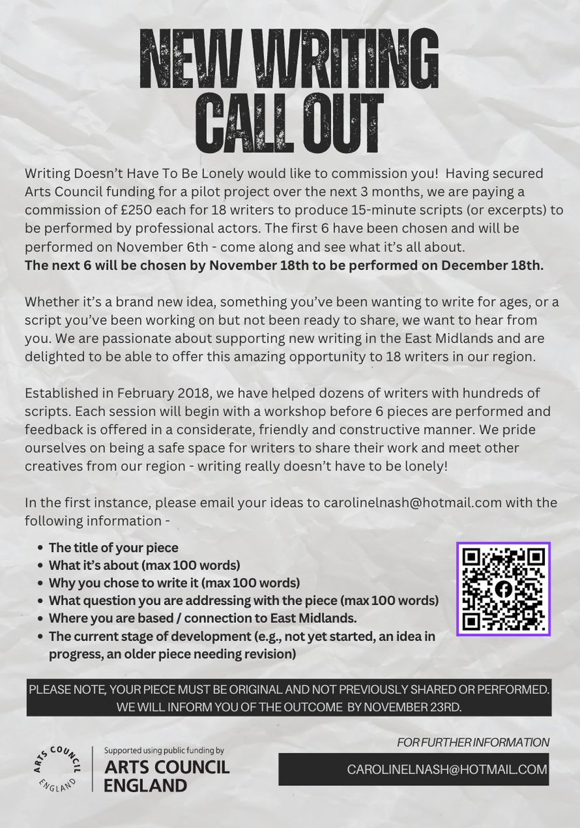 First 6 to be announced very soon. Get in touch for the next 6 commissions. #NewWriting <a href="/ace_national/">Arts Council England</a>