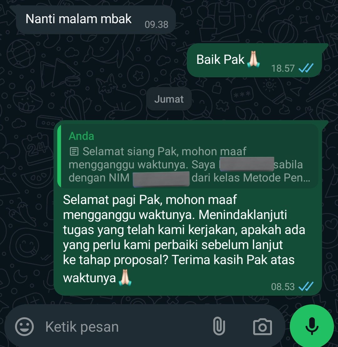 nonabyla's tweet photo. @meutiafaradilla Kalau ini bagaimana Bu? Saya bingung banget beliau bilang bisa konsul japri, kelompok lain disuruh lanjut proposal jadi saya ingin bapaknya bilang "silakan lanjut", tapi sampai hari ini belum dibalas juga. Mau buat janji pun ga yakin akan dibalas lagi... Apa saya salah kata ya? https://t.co/RML6MjWnFS