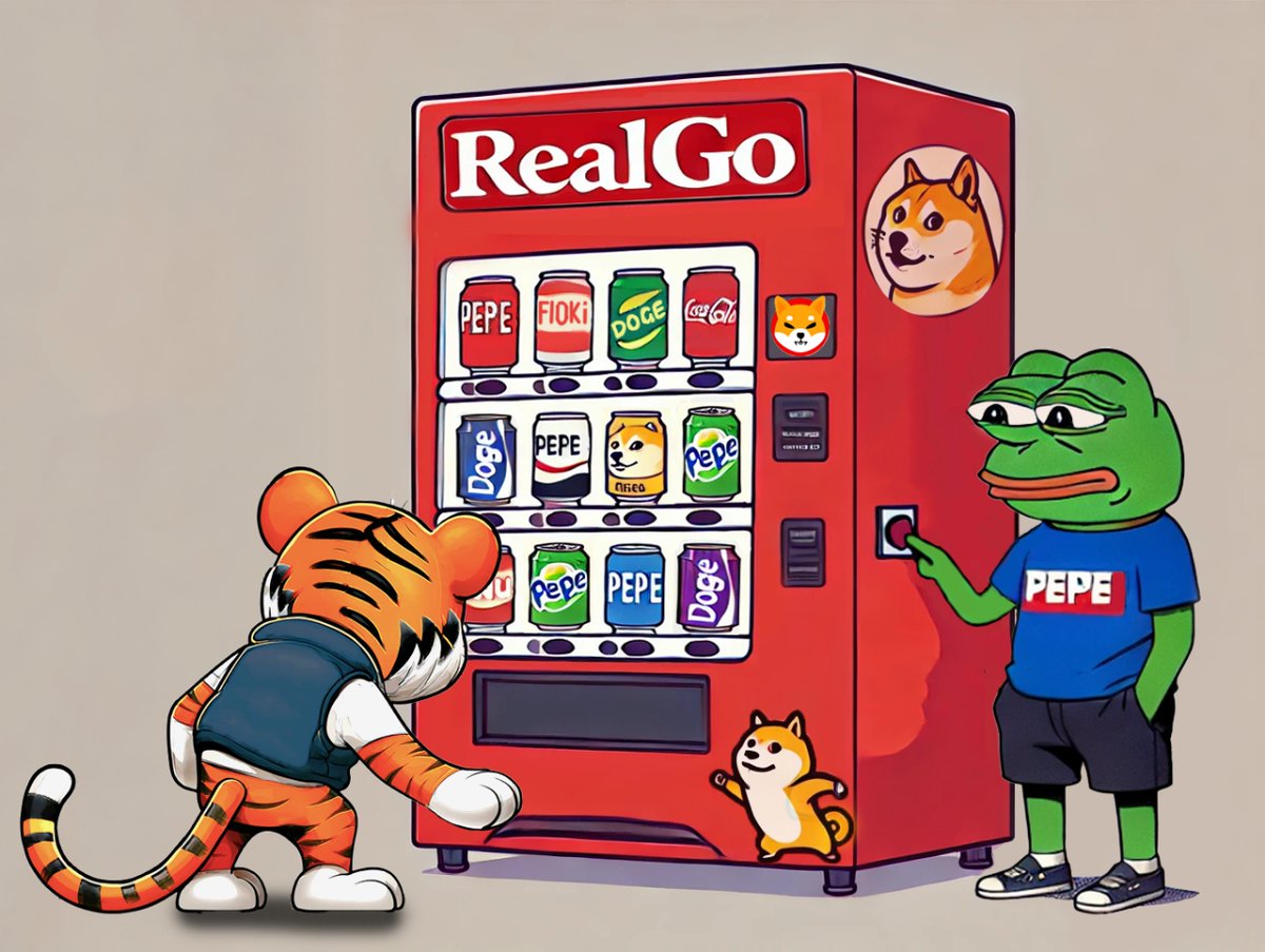 Realgo2moon's tweet image. Why choose when you can take ‘em all? 🐸🐅
Hit that button and let the memecoins roll—PEPE, Doge, FLOKI, what’s next? @BoredApeYC ?🍌

RealGo’s vending is live, degens, HUNT everything while it lasts! 
#RealGo #Web3IP