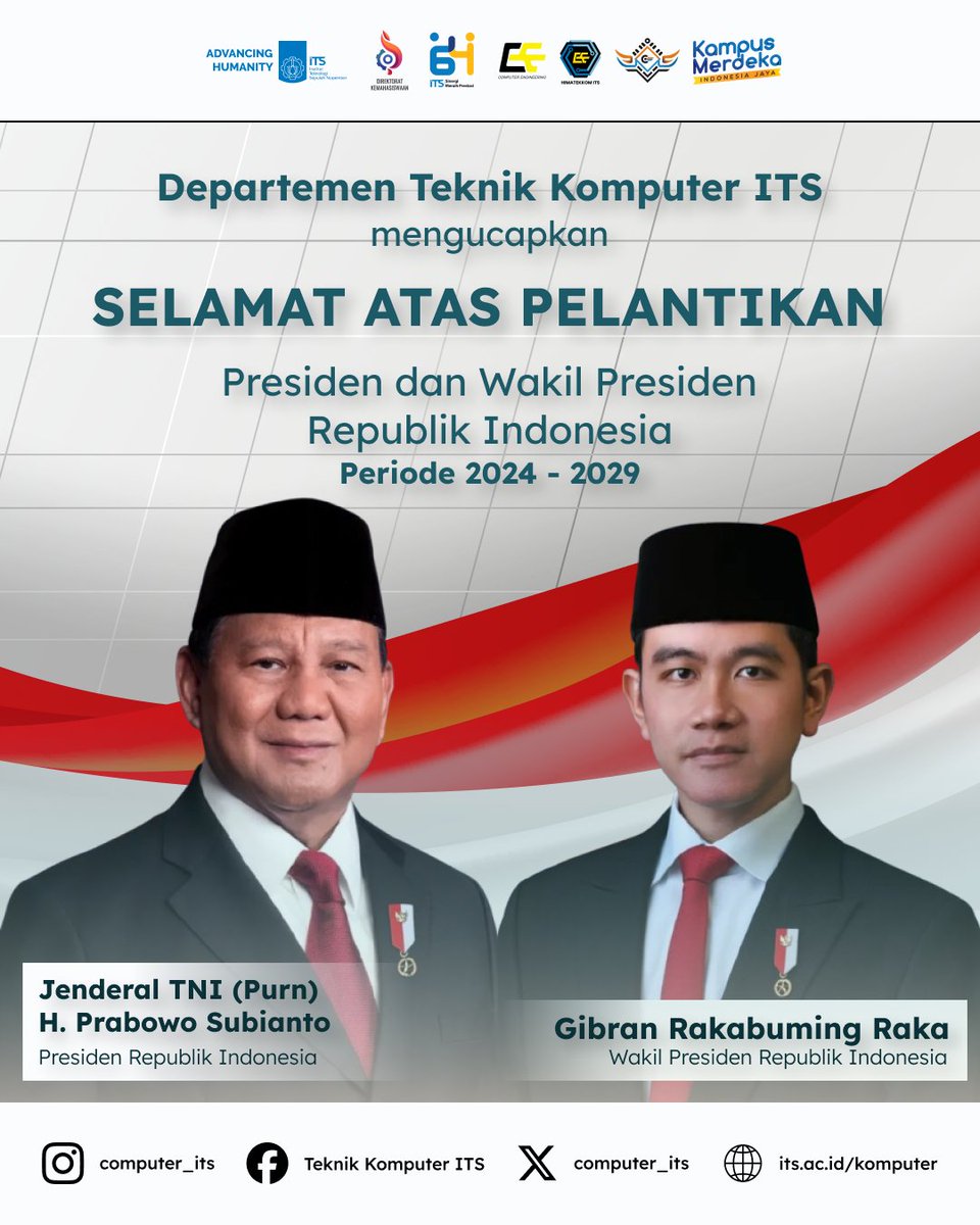Departemen Teknik Komputer ITS mengucapkan selamat atas pelantikan Presiden dan Wakil Presiden Republik Indonesia Periode 2024-2029, Bapak Jenderal TNI (Purn) H. Prabowo Subianto dan Bapak Gibran Rakabuming Raka.