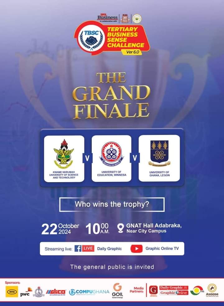 #TBSC2024 Grand Finale : Meet the three schools <a href="/KNUSTGH/">Kwame Nkrumah University of Science and Technology</a> <a href="/uew_official/">University of Education, Winneba</a>
<a href="/ugbsofficial/">UGBS</a> vying to become the best business institutions in Ghana.

#Graphicbusiness