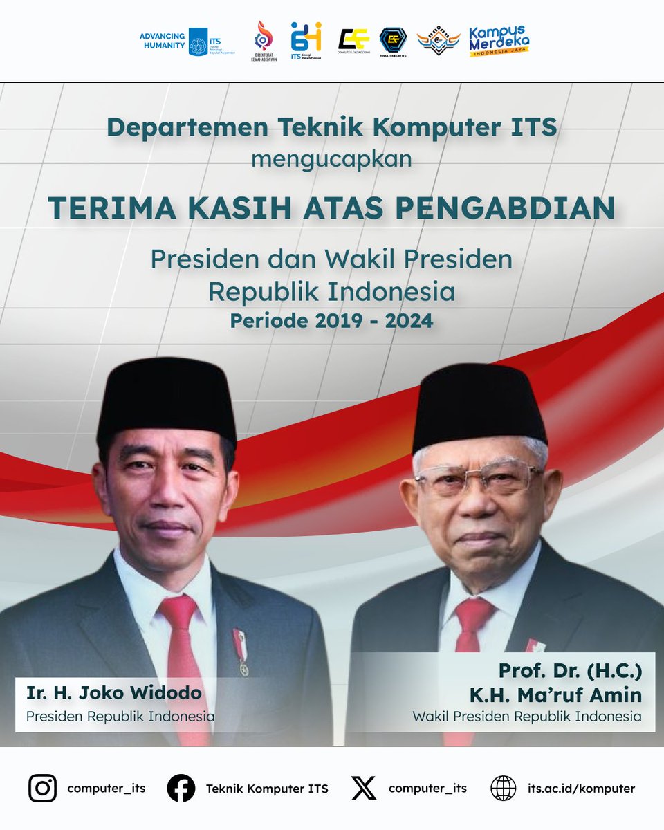 Sekaligus kami ucapkan terima kasih atas pengabdian Presiden dan Wakil Presiden Republik Indonesia Periode 2019-2024, Bapak Ir. H. Joko Widodo dan Bapak Prof. Dr. (H.C.) K.H. Ma’ruf Amin.