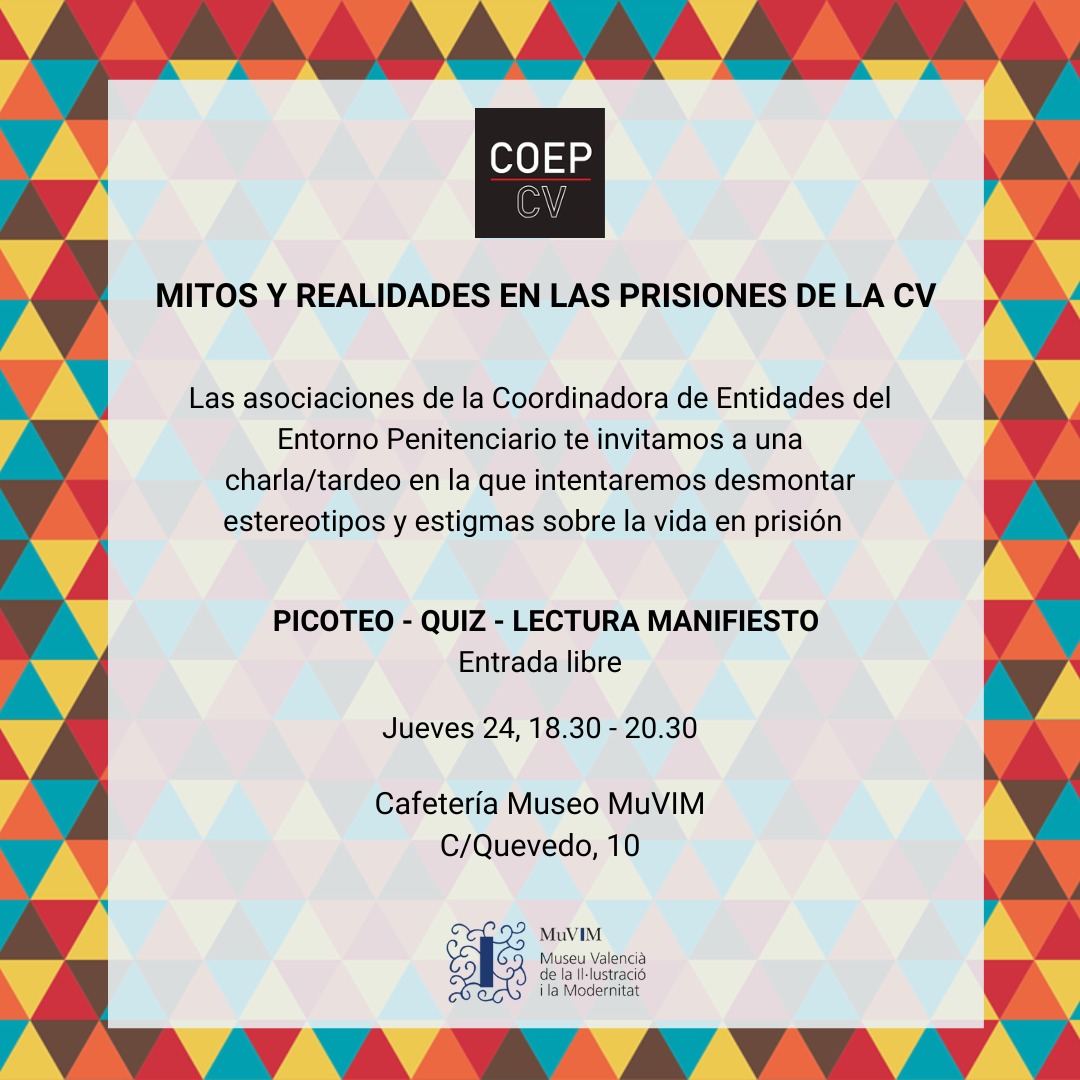 Este jueves os esperamos en la cafetería de <a href="/MuVIM/">MuVIM</a> c/Quevedo 10, para desmontar mitos y leyendas sobre la vida en prisión de la mano de <a href="/CoepCv/">COEP_CV</a> 
Jueves 24 18.30-20.30 en la cafetería de MuVIM
