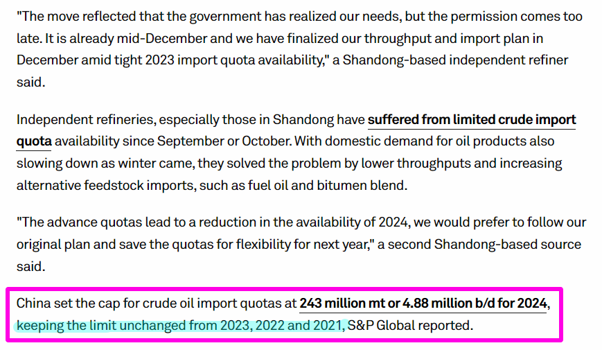 In 2021-22-23-24 Chinese crude oil import quotas were steady, at 243mt. This +5.7% increase is material. (S&amp;P)