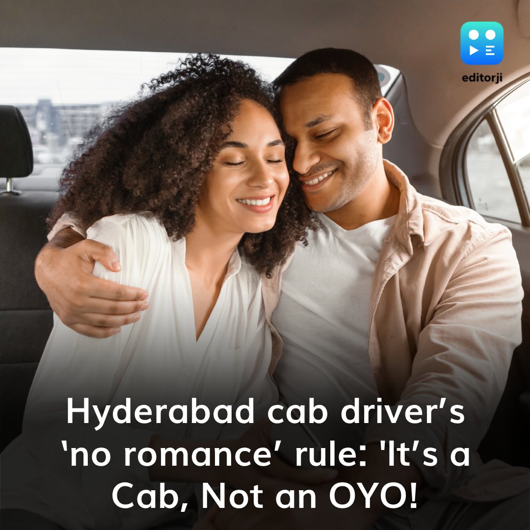 editorji's tweet photo. A Hyderabad cab driver has gone viral after his quirky and strict rule against couples engaging in romantic behavior in his vehicle.
#Hyderabad #CabDriver #NoRomanceRule #ViralMoment #NotOYO https://t.co/IexTxuM3f7