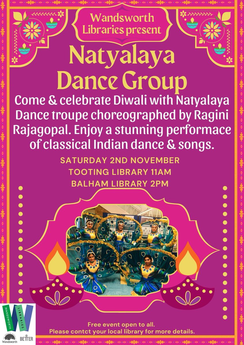 Better_Balham's tweet image. Balham Library is really excited to host the Natyalaya Dance Group on Sat 2 November at 2pm to celebrate Diwali! This will also be followed by a craft session from 3 - 4pm. We hope to see you there!
You can also see the dance in the morning at @TootingLibrary
@Wandsworthlibs