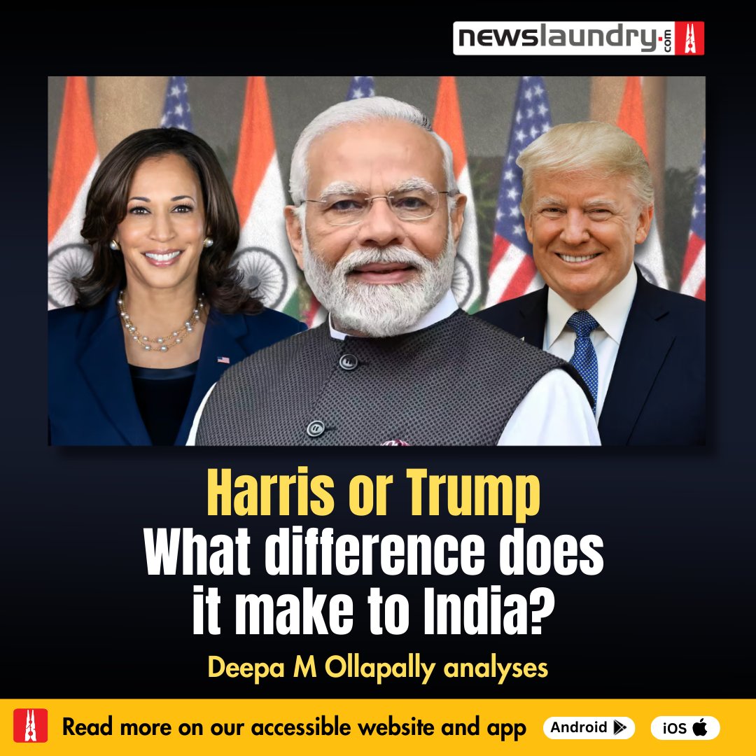 Regardless of who wins #USElections2024, India is likely to feel the “Trumpification”.

Both countries have much to gain from strengthening defence and strategic technology ties, which may help ease tensions in trade and immigration.

✍️ Deepa M Ollapally

newslaundry.com/2024/10/22/har…