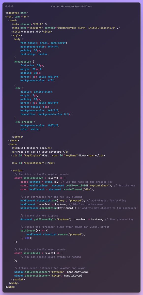 BilliCodes's tweet image. Keyboard API JavaScript: 
Build a Keyboard Key Detector App