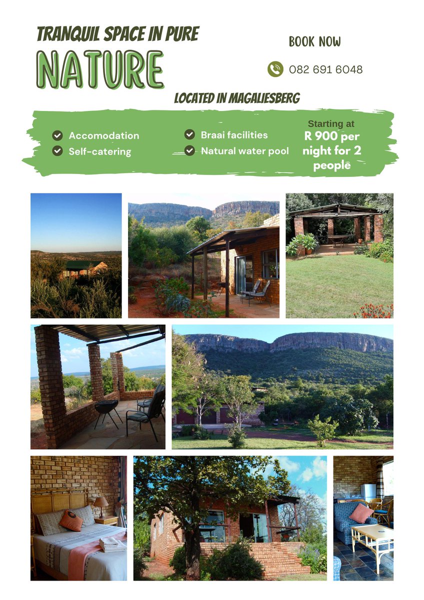 HotelDealsSA's tweet photo. Escape to the serene beauty of nature in Magaliesberg, where our self-catering cottages offer breathtaking views and complete privacy. Starting at R900 per night for 2 people. DM us now for more information! #Magaliesberg #natureretreat #holiday #getaway #southafrica #holidaydeal https://t.co/JUJecv9Ury