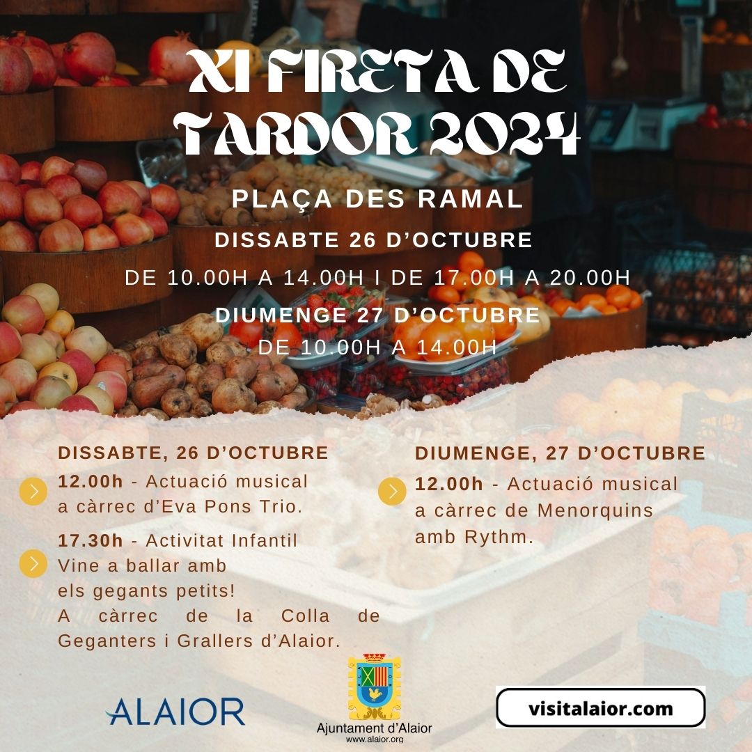 🍁XI Fireta de Tardor 2024 🍂
🗓️26 i 27 d’octubre  
🌰Què hi trobaràs? Fira de productes alimentaris, artesania, flors i articles diversos. Una gran oportunitat per gaudir dels productes de tardor i donar suport a l’artesania local! 🌟