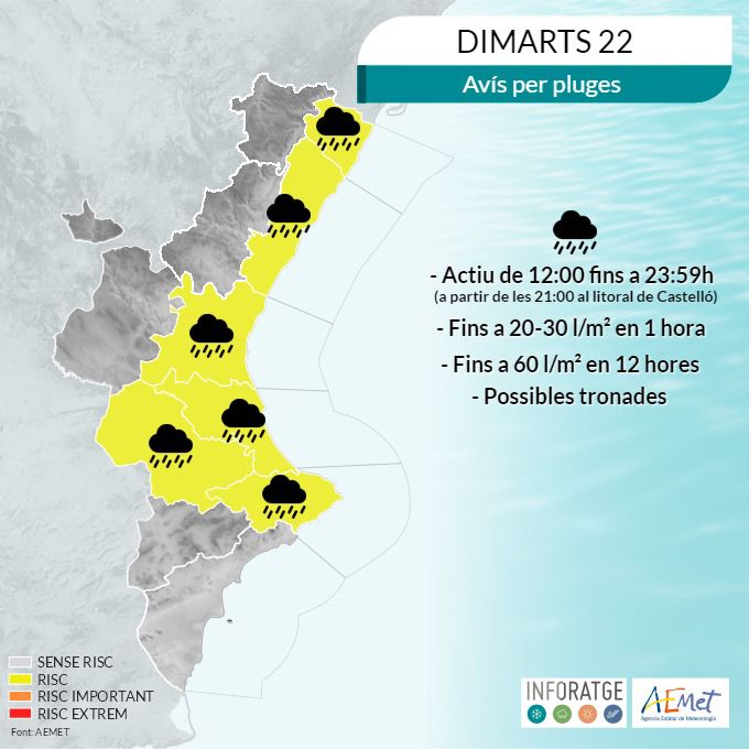 ⛈  Durante este martes, 22 de octubre, se activa el aviso amarillo por lluvias en varias zonas de la Comunitat Valenciana, entre las que se encuentra Burriana, comenzando a partir de las 21:00h. ⚠️
