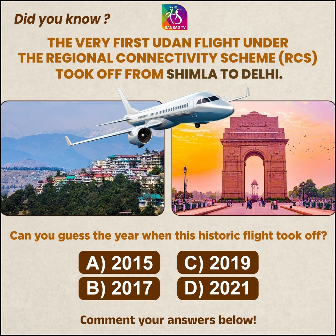 sansad_tv's tweet photo. Did you know the first UDAN flight from Shimla to Delhi took off in...?
Can you guess the year? Comment your answers below!
#UDANDiwas #8YearsOfUDAN https://t.co/vDRYbpFCls