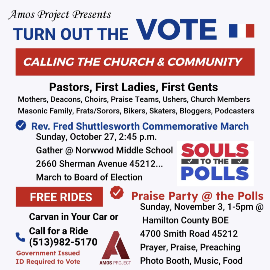 Join Amos in Cincinnati at one or both of our Souls to the Polls Voter Engagement events #DontSitThisOneOut #BlackVotesMatter #Amos