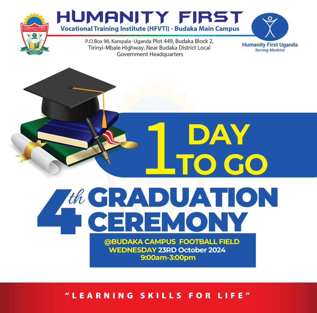 hfvtiac's tweet photo. It's 1 day left to the 4th Graduation ceremony at Humanity First Vocational Training Institute's main campus in Budaka. The future is yours. 🎓 https://t.co/QWpnW1GOp5