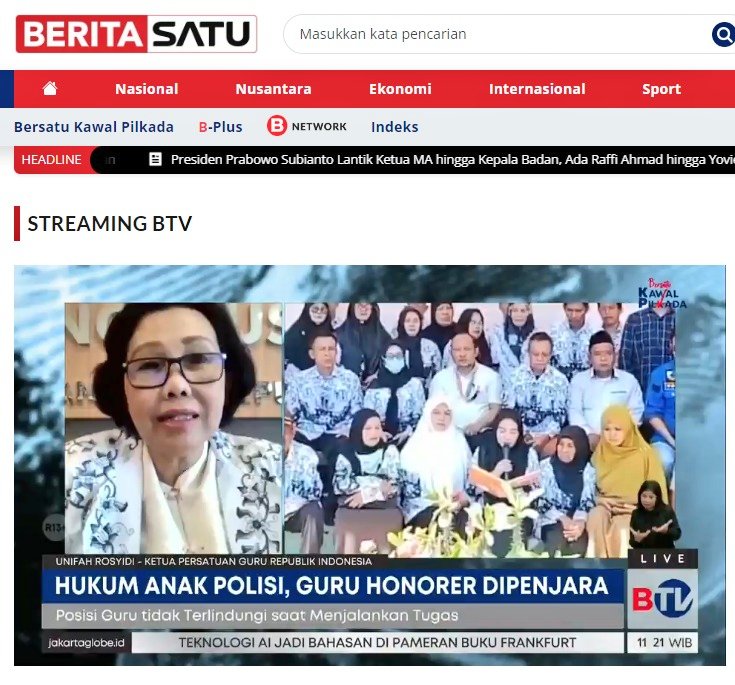 PBPGRI_OFFICIAL's tweet photo. Bebaskan Ibu Supriyani dari kriminalisasi terhadap guru, itulah kata tegas yg dilontarkan oleh Ketum PB PGRI Unifah Rosyidi saat wawancara di @Beritasatu. PGRI hadir memberikan pendampingan bantuan hukum  dan terus mengawal kasus ini hingga tuntas. #SaveIbuSupriyani https://t.co/rCR9sh0zwC