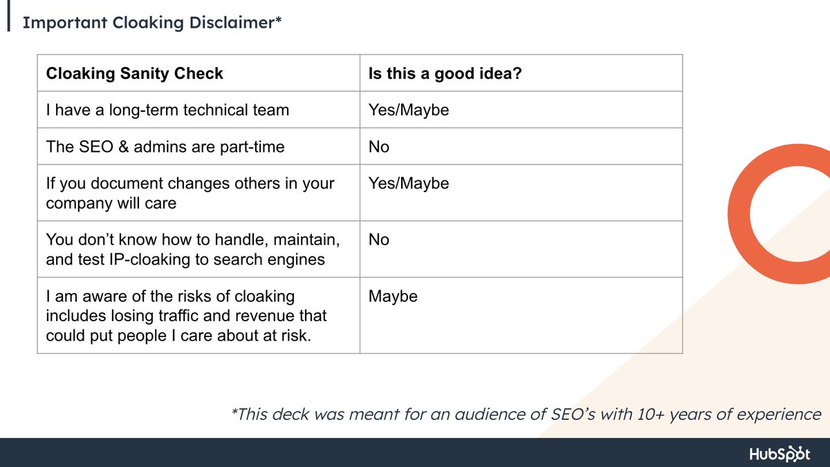 aleyda's tweet image. When is cloaking a good idea? Fantastic presentation by @victorpan during #TechSEOConnect showing a relevant scenario in which we can take Google Guidelines with a &quot;grain of salt&quot; based on the purpose and context. Check it out: docs.google.com/presentation/d…