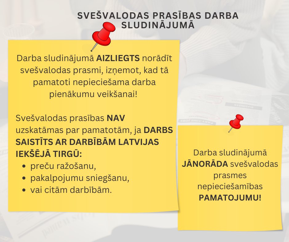 22.10.2024. stājās spēkā grozījumi Darba likumā, kas skar svešvalodu prasību noteikšanu darba sludinājumos! 

Detalizētāk skatīt: vdi.gov.lv/lv/jaunums/dar…