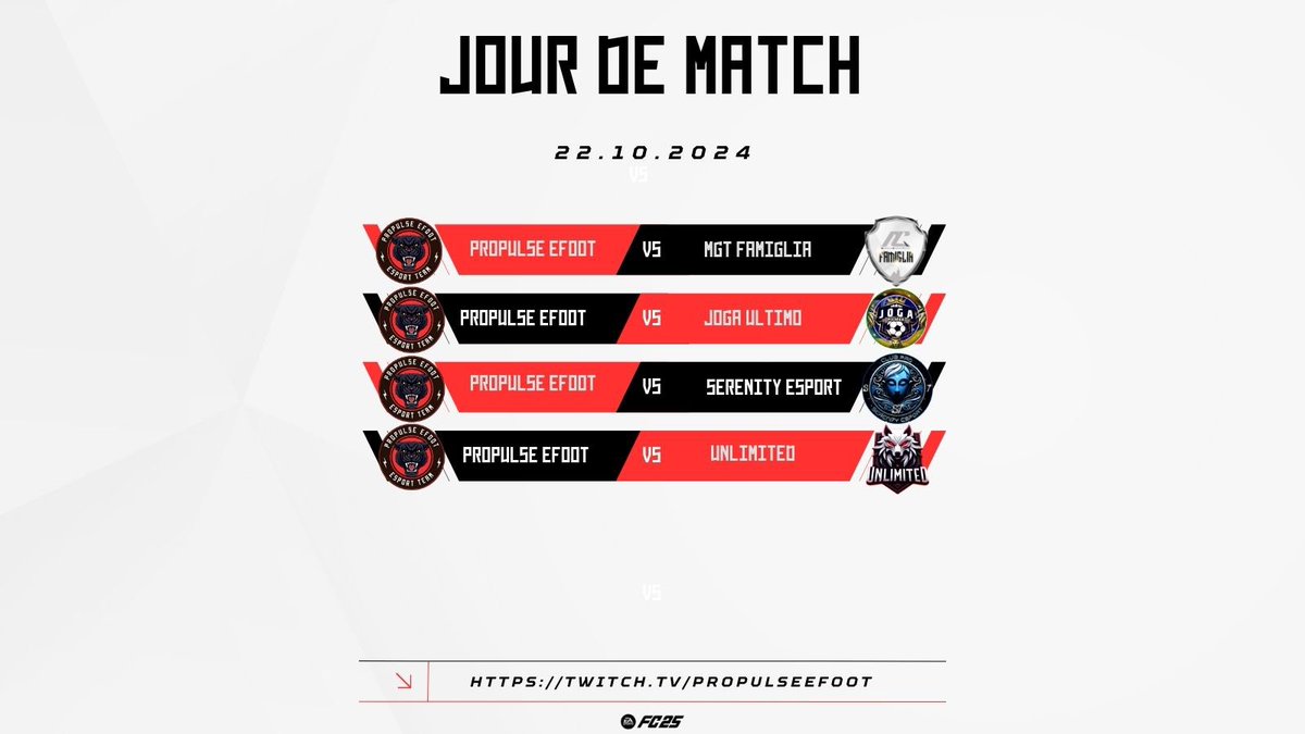 Propulse eFoot (@propulseefoot) on Twitter photo 📆Au programme de ce soir pour nos Populseurs qui auront à coeur de ce reprendre afin de prendre des points :
@MGTFamiglia 
<a href="/JogaUltimo/">Joga Ultimo</a> 
#SerenityEsport
<a href="/Unlimitedv59/">Unlimited</a> 📆Au programme de ce soir pour nos Populseurs qui auront à coeur de ce reprendre afin de prendre des points :
@MGTFamiglia 
<a href="/JogaUltimo/">Joga Ultimo</a> 
#SerenityEsport
<a href="/Unlimitedv59/">Unlimited</a>