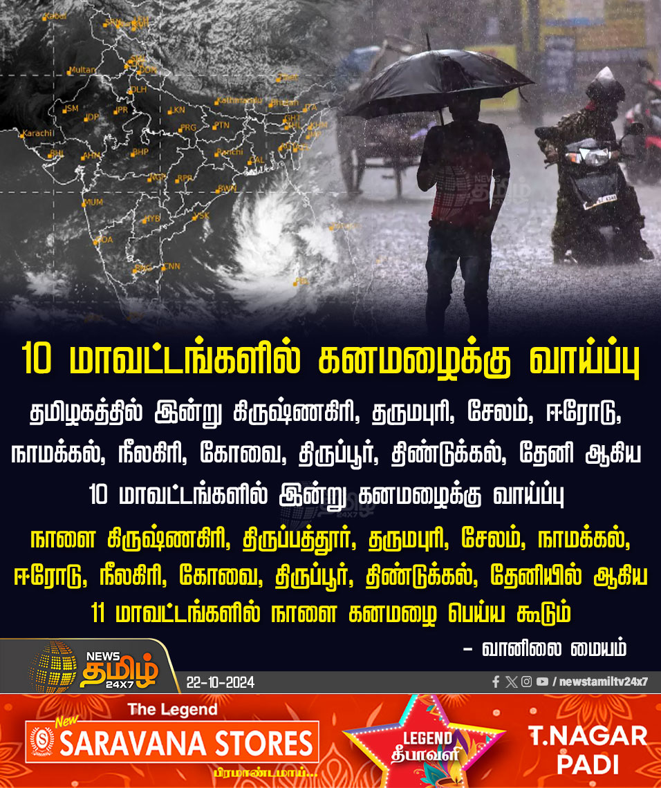 NewsTamilTV24x7's tweet photo. #JustNow | 10 மாவட்டங்களில் கனமழைக்கு வாய்ப்பு
#rainupdates | #districtrain | #Weather | #IndiaMeteorologicalDepartment | #rainalert | #heavyrain | #NewsTamil24x7 https://t.co/k9Me4mYlDh
