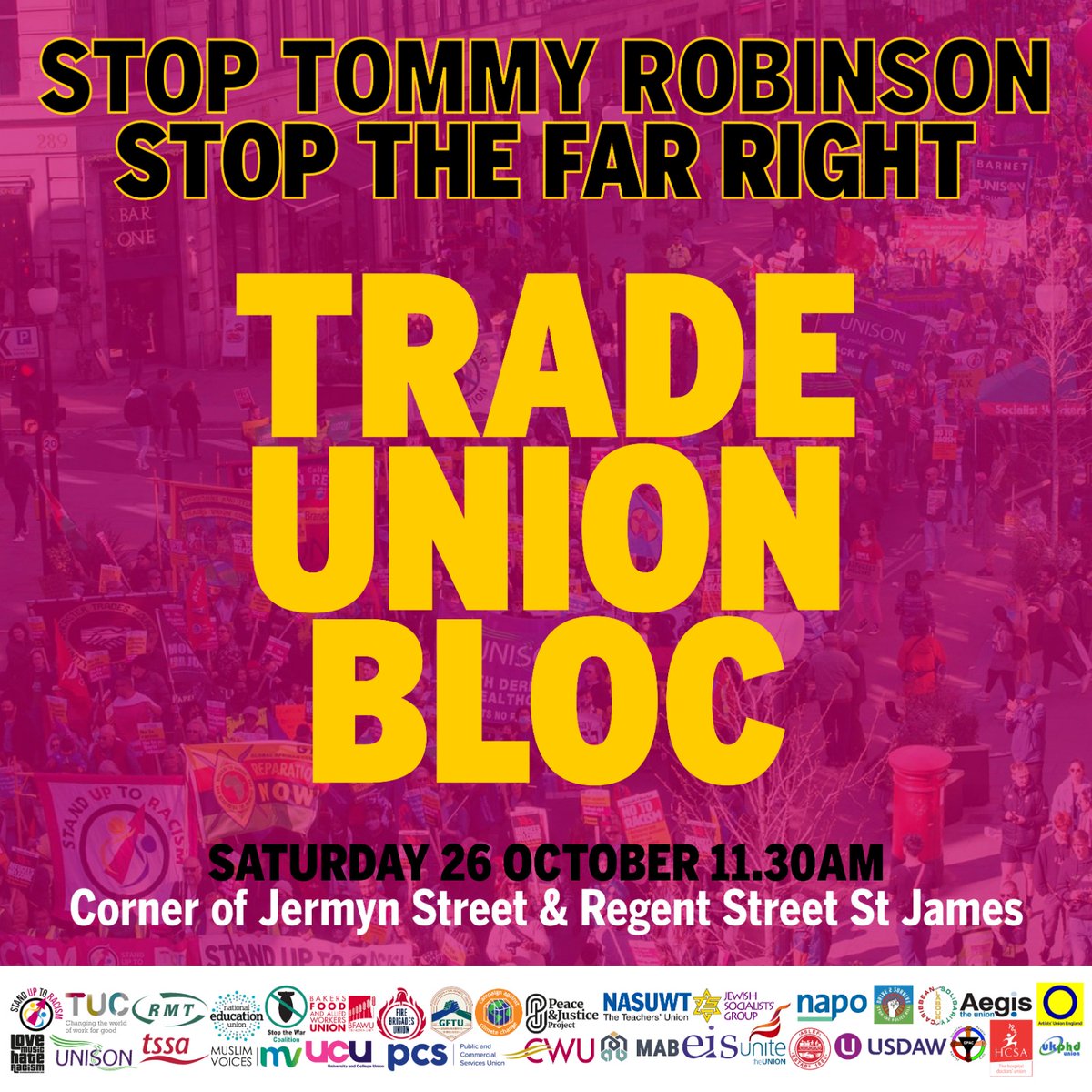 We're joining the whole trade union movement on Saturday. 

Join the trade union bloc 🚩

🛑Stop Tommy Robinson
🛑Stop the far right

#26Oct  #StandUpToRacism