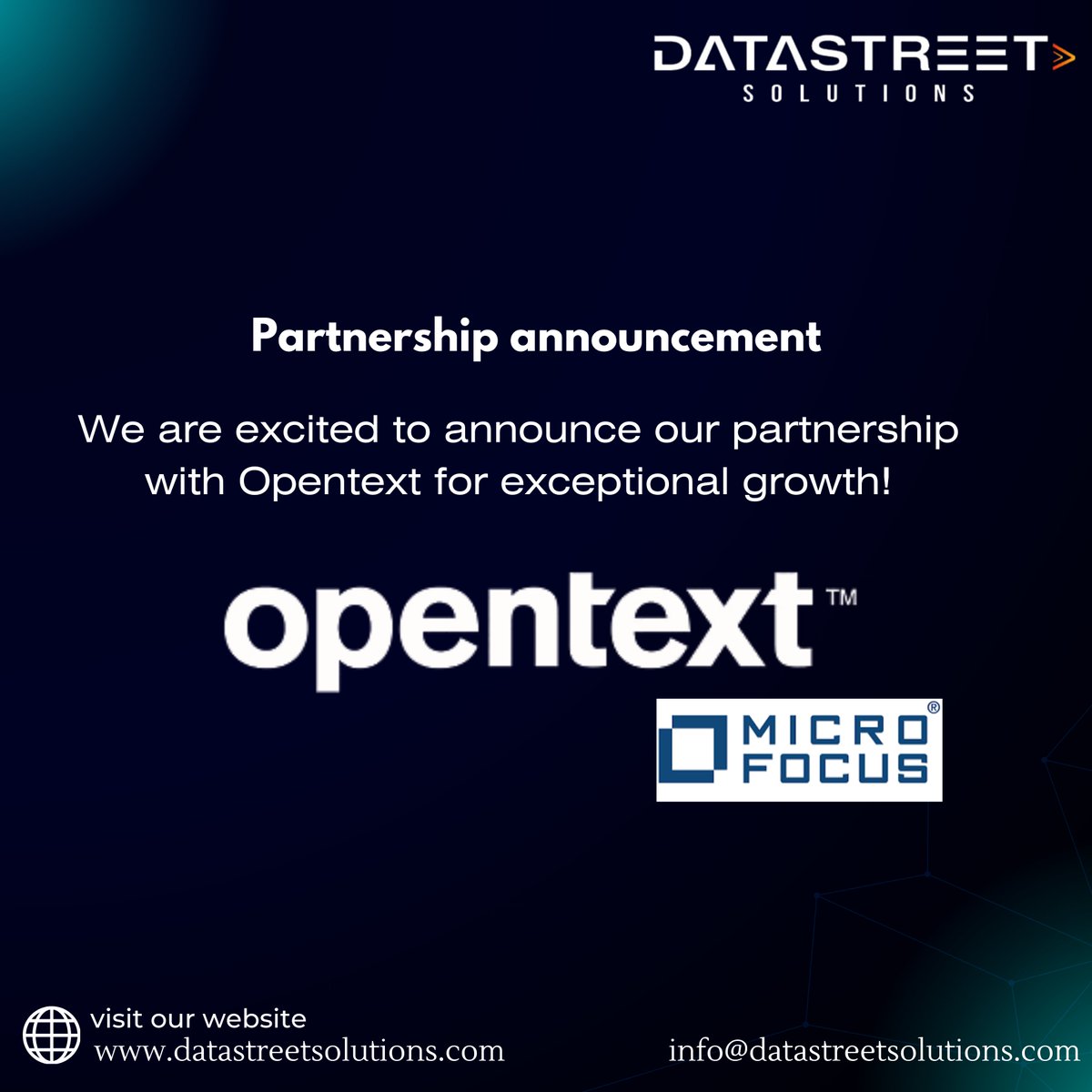 DataStreet_Sol's tweet photo. Thrilled to announce our partnership with Opentext (formerly MicroFocus) to deliver transformative experiences! Together, helping businesses unlock their potential with expert support in #Automation  &amp; #performance  testing.

#Partnership #Innovation #OpenText  @DataStreet_Sol https://t.co/vdUeclUC6d