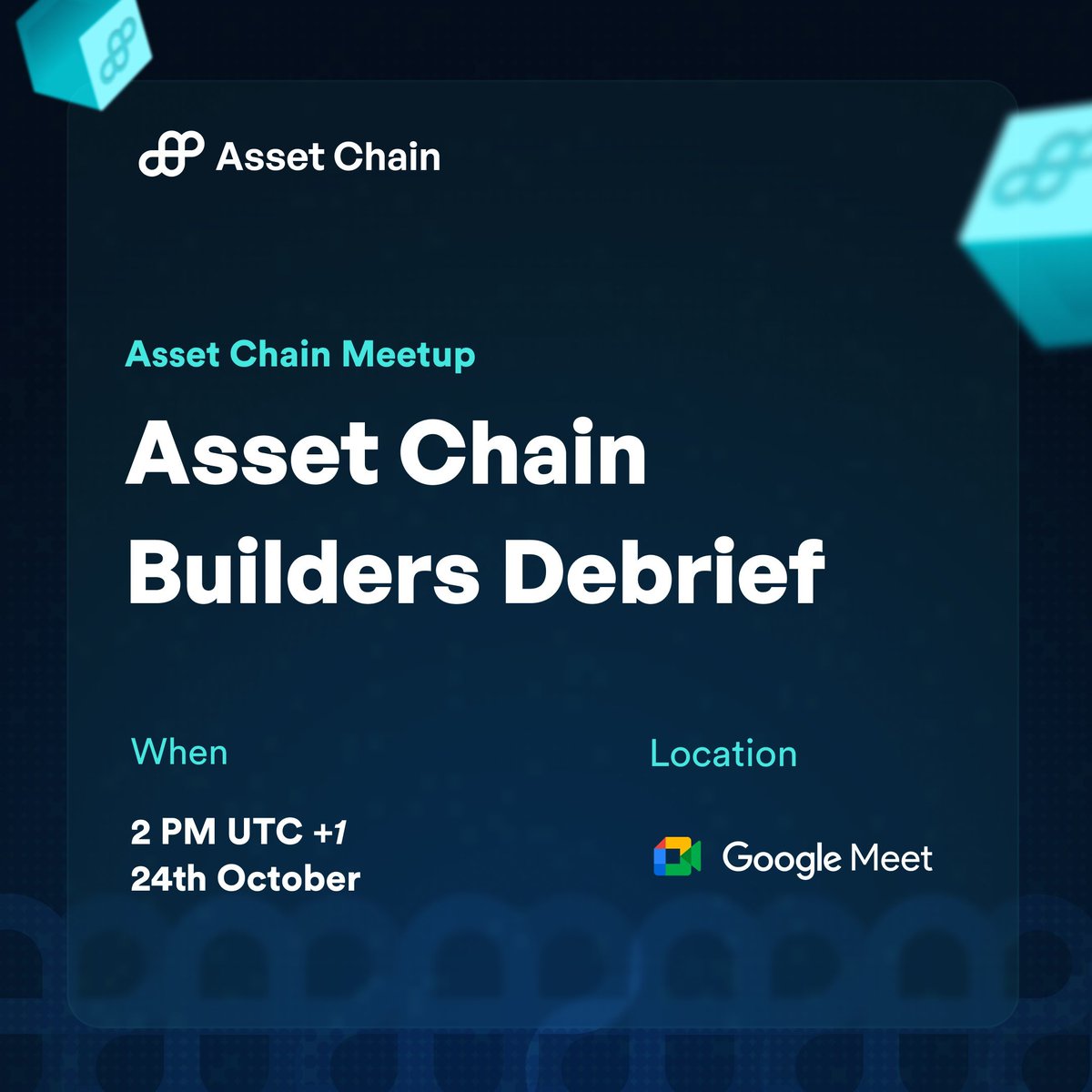 The future of asset tokenization is bright! 
We're thrilled to announce that <a href="/Cropcrypt_hq/">Cropcrypt</a> will join the 1st  #AssetChain Builders Debrief via Google Meet. 

Looking forward to exploring collaboration opportunities with <a href="/rwaassetchain/">Asset Chain 🌍 (AI-RWA L1)</a> 

#RWA #Web3builders #Blockchain #NFT #Game
