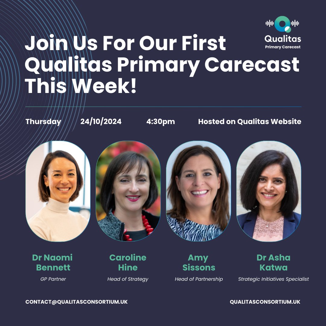 UKQualitas's tweet photo. The Qualitas Primary Carecast launches this Thursday! Join our first episode with Dr. Naomi Bennett from Robin Hood Lane. 🎤

🗓️ Date: Thursday, 24th Oct
🕒 Time: 4:30 PM
🔗 Hosted on Qualitas website—link coming soon! Don’t miss it! 🎧✨

#Qualitas #Webcast https://t.co/dsD3DV27pI