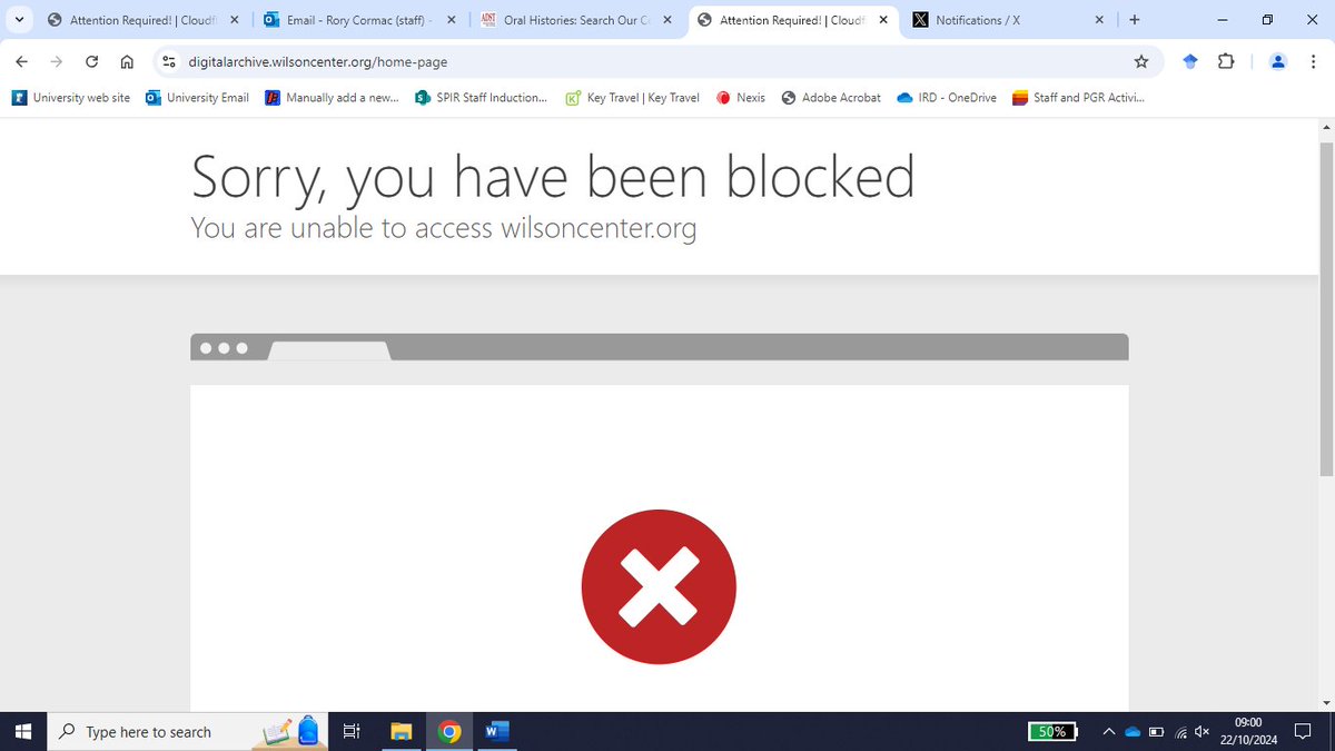 RoryCormac's tweet image. Has anyone else ever been blocked by the @TheWilsonCenter international history digital archive?
I searched "Percy Allen" and that was suspicious enough to "trigger a security solution" apparently.
It's such a vital resource. Help!