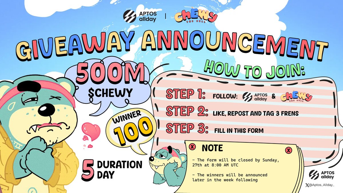 Aptos allday (@aptos_allday_) on Twitter photo 🔥 GIVEAWAY ANNOUNCEMENT 🔥
<a href="/Aptos_allday_/">Aptos allday</a> 🤝 <a href="/ChewyToken/">Chewy The Bull</a>
🎁 Reward: 500M $CHEWY token
🤵 Winner: 100 (5M each)
⏰ Duration: 5 days
✅ How to join:
- Follow: <a href="/Aptos_allday_/">Aptos allday</a> & <a href="/ChewyToken/">Chewy The Bull</a>
- Like, repost and tag 3 frens
- Fill in this form: forms.gle/Lp3ANxo86ULSgU…
📌 Note
- 🔥 GIVEAWAY ANNOUNCEMENT 🔥
<a href="/Aptos_allday_/">Aptos allday</a> 🤝 <a href="/ChewyToken/">Chewy The Bull</a>
🎁 Reward: 500M $CHEWY token
🤵 Winner: 100 (5M each)
⏰ Duration: 5 days
✅ How to join:
- Follow: <a href="/Aptos_allday_/">Aptos allday</a> & <a href="/ChewyToken/">Chewy The Bull</a>
- Like, repost and tag 3 frens
- Fill in this form: forms.gle/Lp3ANxo86ULSgU…
📌 Note
-