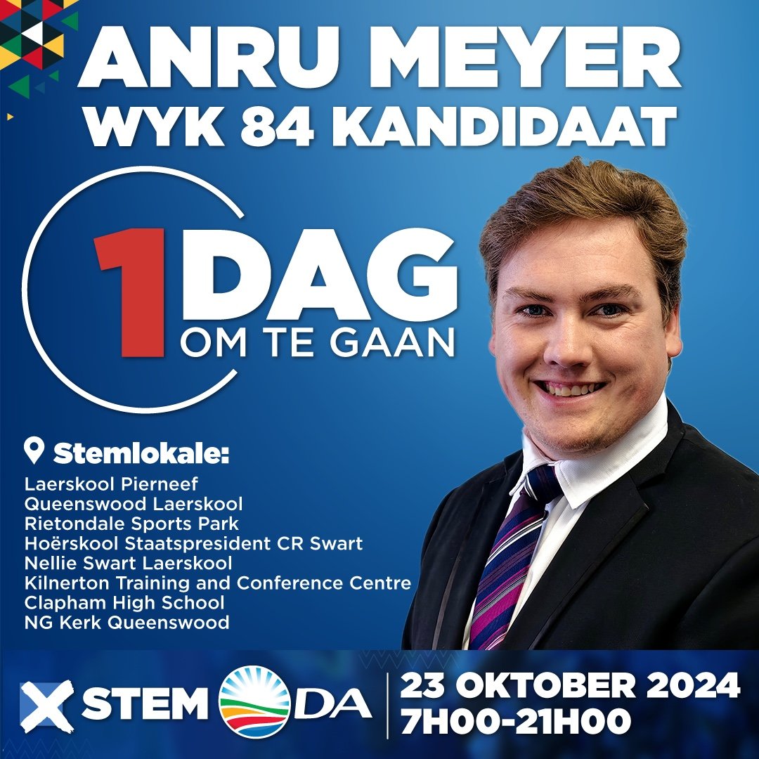 DAGauteng's tweet image. 🗳️Môre, die 23ste Oktober is dit stemdag in Wyk 84, Tshwane. 

Hierdie tussenverkiesing is jou kans om vir die hele land te wys dat jy nie die ANC-ActionSA-EFF oorname van Tshwane ligtelik opneem nie. 💪

#StemDA die 23ste Oktober in die Wyk 84 Tshwane tussenverkiesing. 

As jy