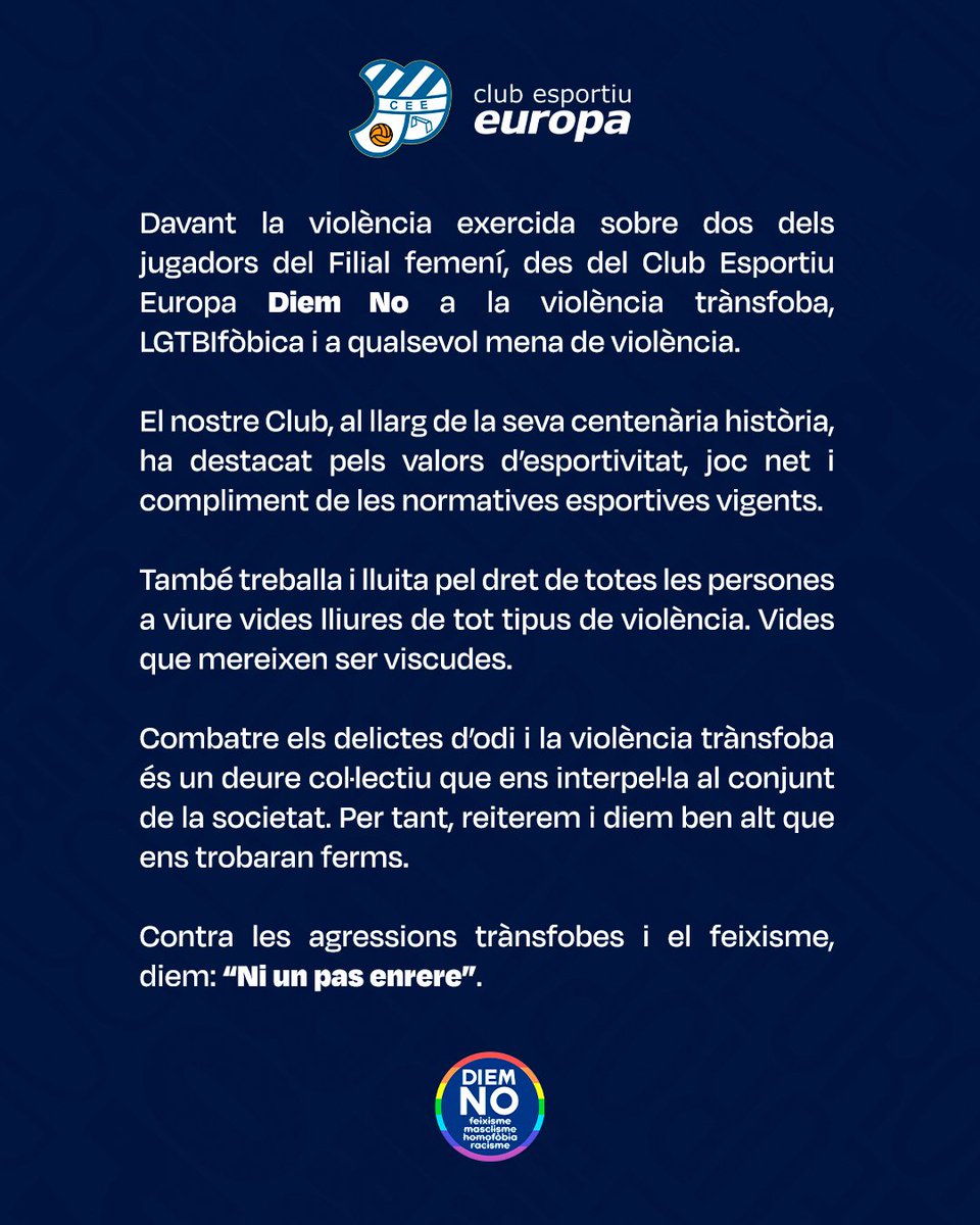 🚨 COMUNICAT OFICIAL 🚨

Des del Club Esportiu Europa Diem No a la violència trànsfoba, LGTIBifòbica i a qualsevol mena de violència.

#ViladeGràcia #SagradaFamília #futfemcat #DIEMNo