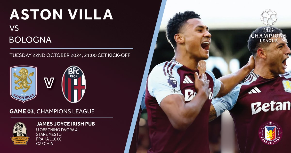 Back to <a href="/ChampionsLeague/">UEFA Champions League</a> action under the lights at Villa Park for <a href="/AVFCOfficial/">Aston Villa</a> vs <a href="/BolognaFC1909en/">Bologna FC 1909</a> … there’s nothing better 😊💜🩵. Join us at our usual spot The James Joyce Irish Pub from 20:30 CET. Come on you Villa boys! #AVFC #UTV