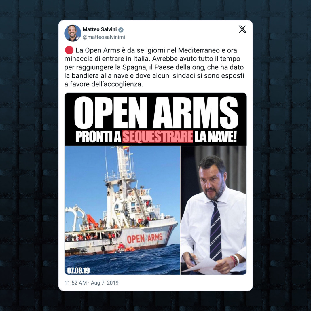 openarms_fund's tweet photo. Matteo #Salvini expuso en público su intención de secuestrar nuestro barco. Sus propios tuits lo dejaron claro. No había escapatoria, el bloqueo era inevitable. 👇👇👇 https://t.co/flUzOXsCpw