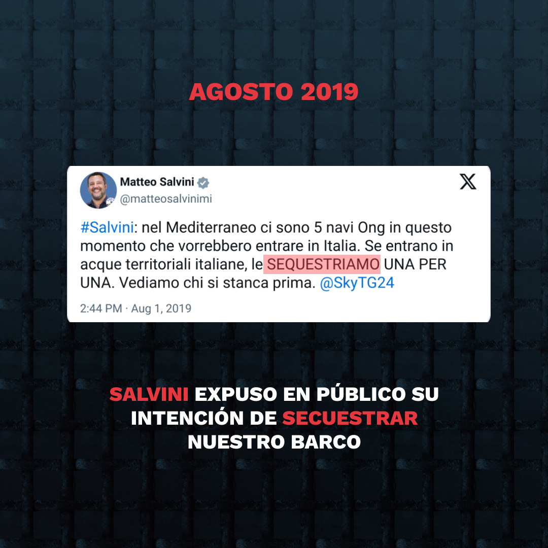 openarms_fund's tweet photo. Matteo #Salvini expuso en público su intención de secuestrar nuestro barco. Sus propios tuits lo dejaron claro. No había escapatoria, el bloqueo era inevitable. 👇👇👇 https://t.co/flUzOXsCpw