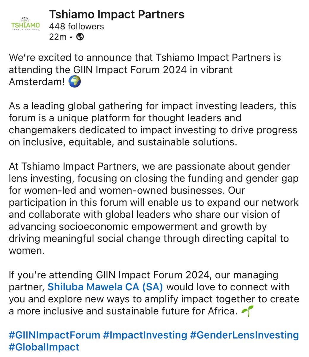 If you’re attending GIIN Impact Forum 2024, I would love to connect with you and  explore new ways to amplify impact together to create a more inclusive and sustainable future for Africa. 🌱
#GIINImpactSummit #impactinvesting #genderlensinvesting
