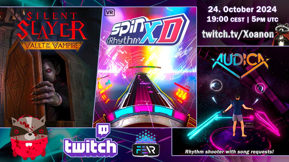 _Xoanon_'s tweet photo. #Stream on #Twitch now!
Hush, we need to be a 'Silent Slayer: Vault of the Vampire' 🧛
Then music & song requests in #SpinRhythmXD & #AUDICA!
➡️https://t.co/djcYKOgiQI🦝
@schellgames #SilentSlayer #VaultOfTheVampire #Spooktober #horror #jumpscare @SpinRhythmGame #VirtualReality #GamerLife #TwitchStreamers #TwitchStreamer