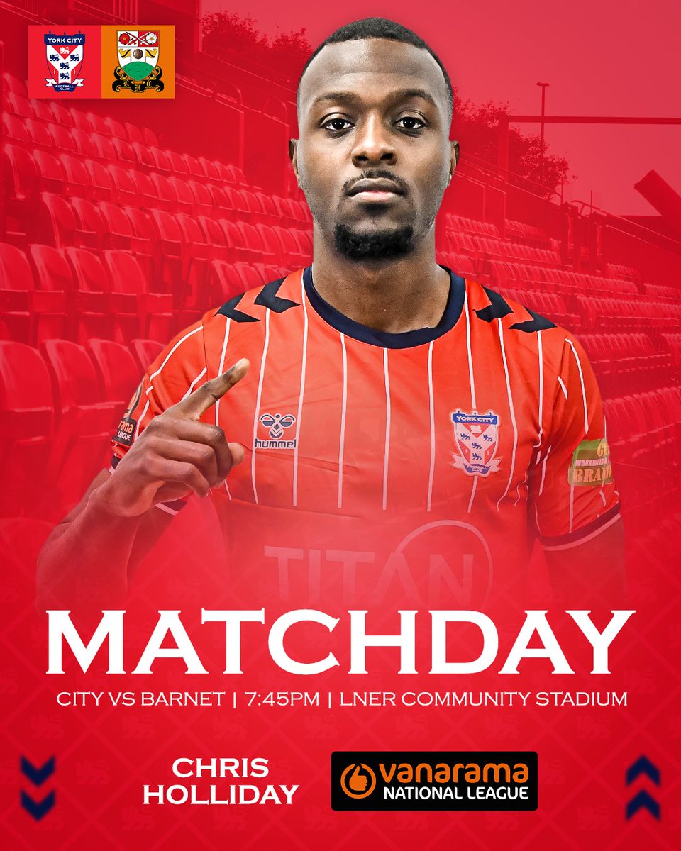 ⚽️ IT'S MATCHDAY!

It's a massive top of the table clash in YO32! 💥

🆚 Barnet
🏟️ LNER Community Stadium
⌚️ 7.45pm
🏆 <a href="/TheVanaramaNL/">#killrecky</a>
🎟️ Pay on the night
📲 yorkcityfootballclub.co.uk/match-tickets/
🏟️ West Stand Ticket Booth from 6.30pm

🤝 Tonight's match sponsor is Chris Holliday.

#YCFC 🔴🔵